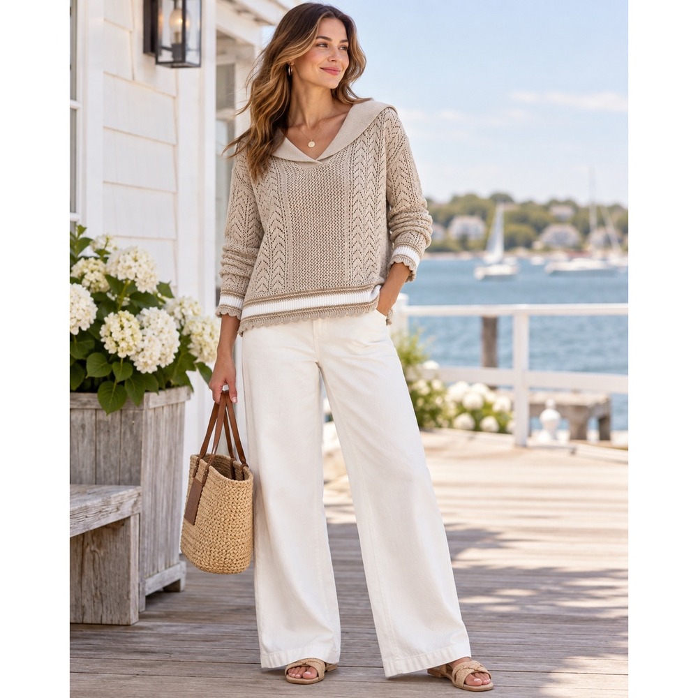 Talbots L Beige Open Knit Sailor Collar Sweater Coastal Fisherman Preppy